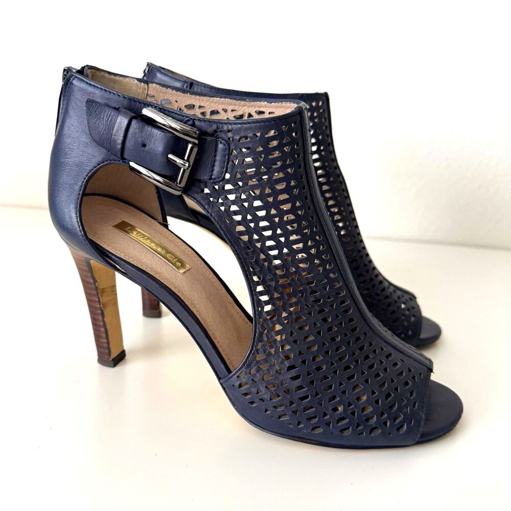 Louise et Cie Olivia Navy Leather Open Toe Bootie Heels Zip Ankle Strap 8B 38